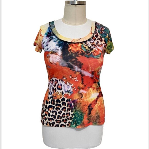 Alberto Makali - Orange Leopard and Volcanic Lava Print Short Sleeve Tee Shirt - Picture 3 of 16